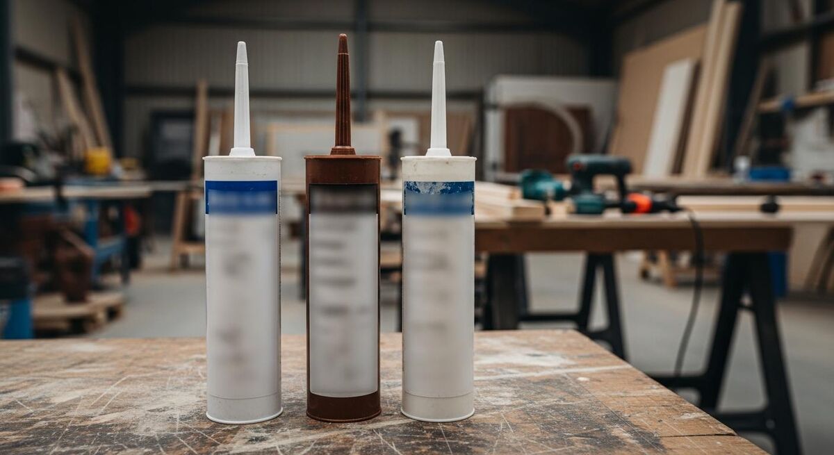 Three sealant cartridges on a workbench: silicone, polyurethane and hybrid polymer