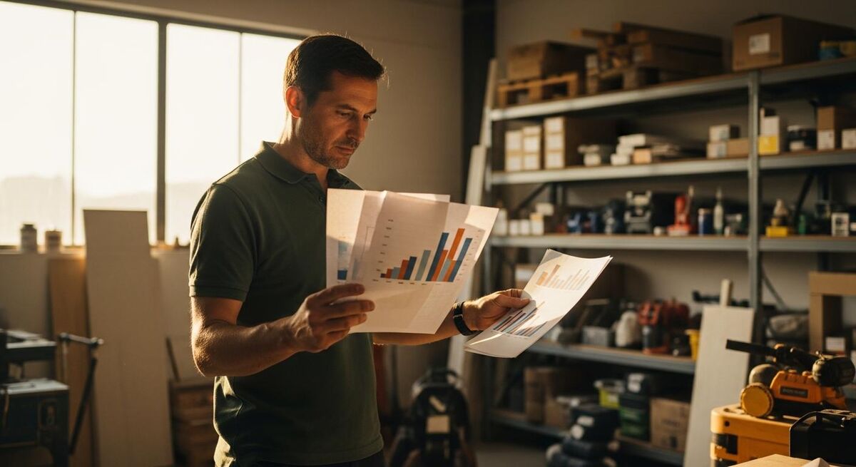 Small construction business owner reviewing financial statements showing improved cash flow