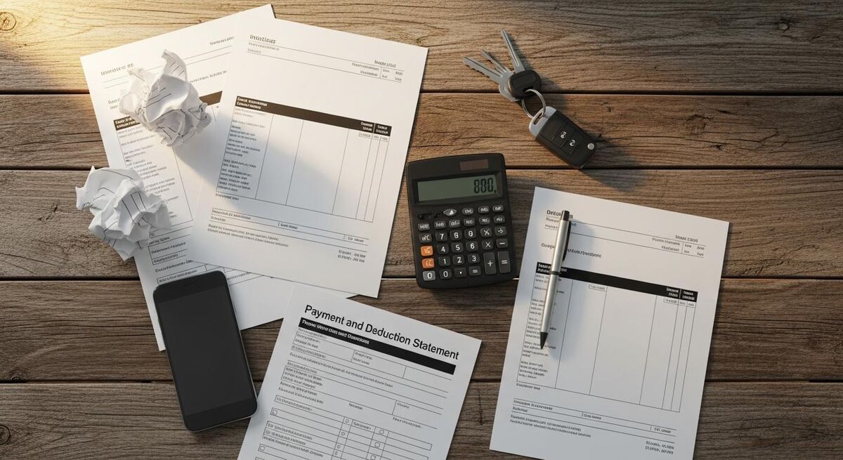 Construction contractor reviewing payment documents at a desk with invoices and a laptop