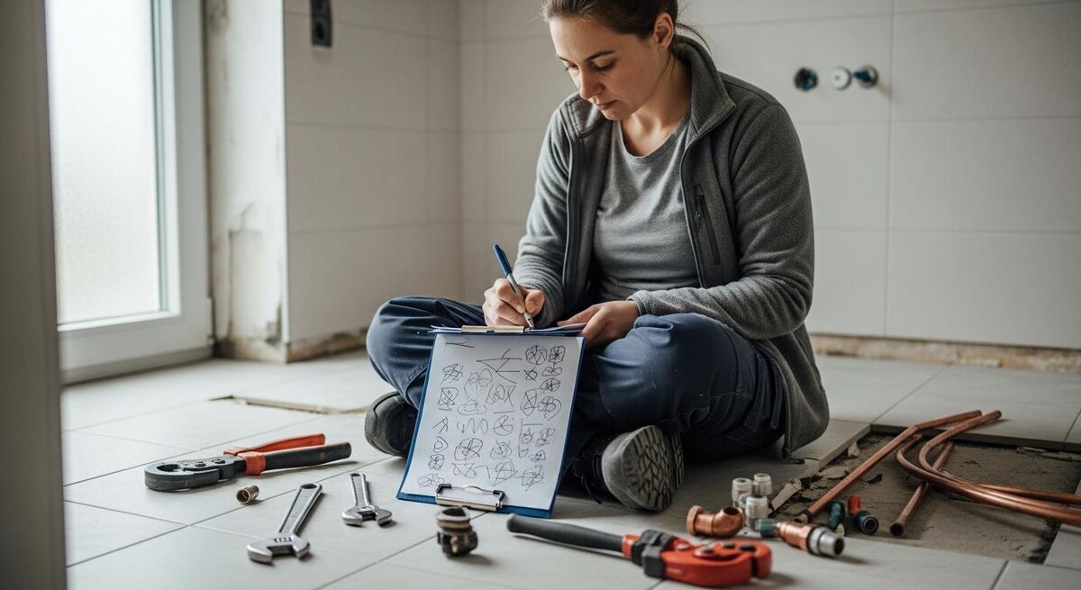 Self-employed tradesperson filling out HMRC registration paperwork at a kitchen table