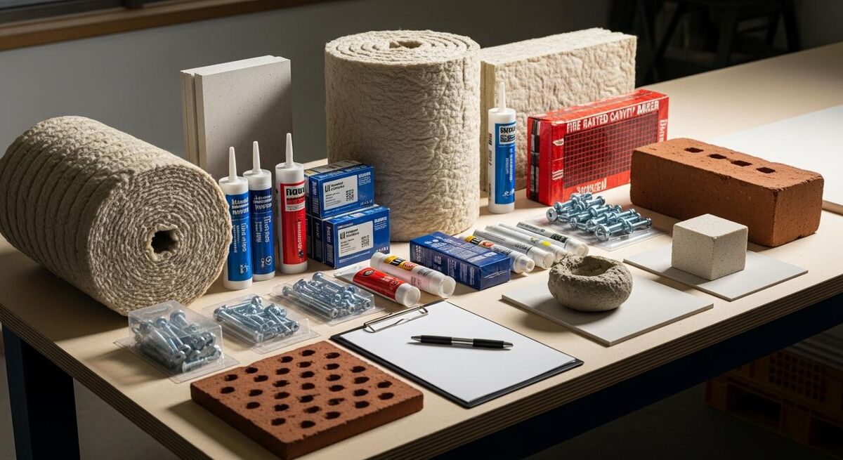 Range of construction materials and fixings on workshop bench with inspection paperwork, showing scope of unregulated products