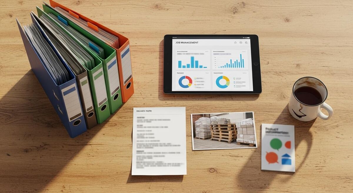 Site office with organised compliance records, product information binders, and digital tablet showing supplier documentation