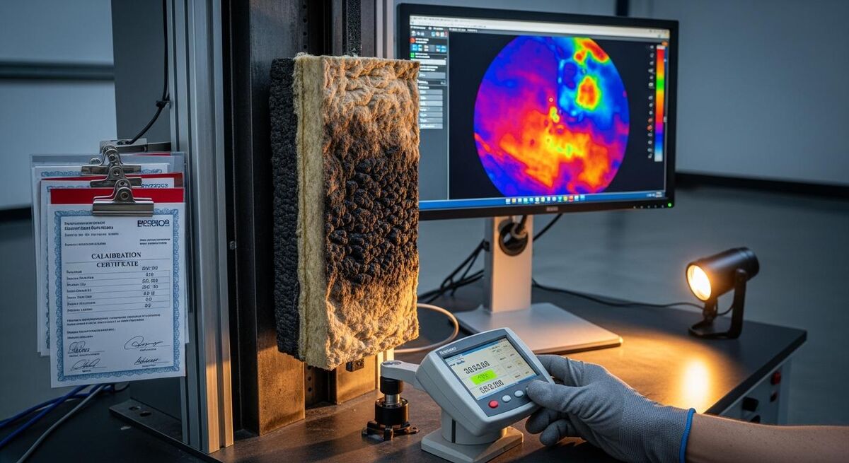 Test laboratory equipment with construction product samples, technicians conducting performance testing under regulatory oversight