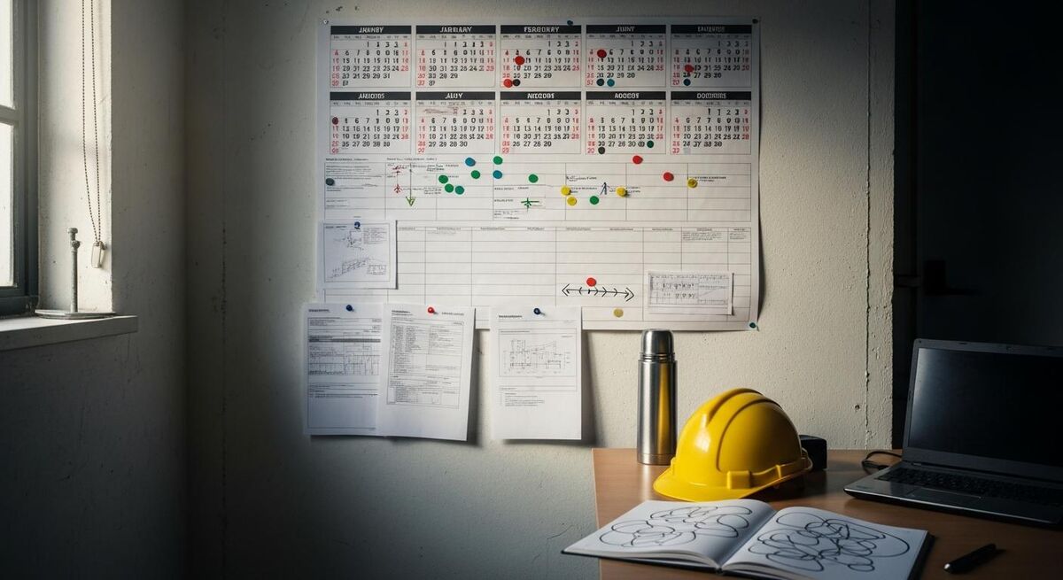 Construction calendar with key 2026 and 2027 milestone dates highlighted on a site office wall planner