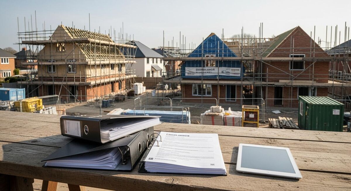 UK construction site with regulatory documents and safety markings, builders reviewing compliance paperwork