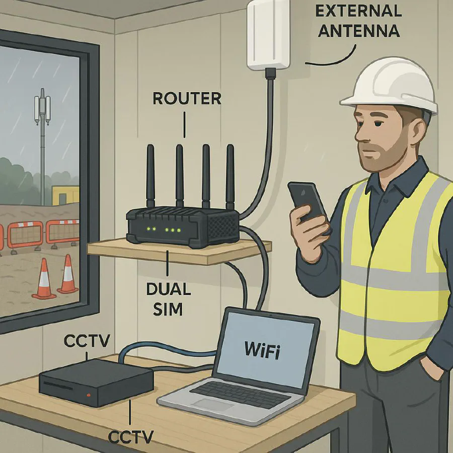 Construction site internet: 4G/5G router, external antenna and static IP setup that actually works featured image