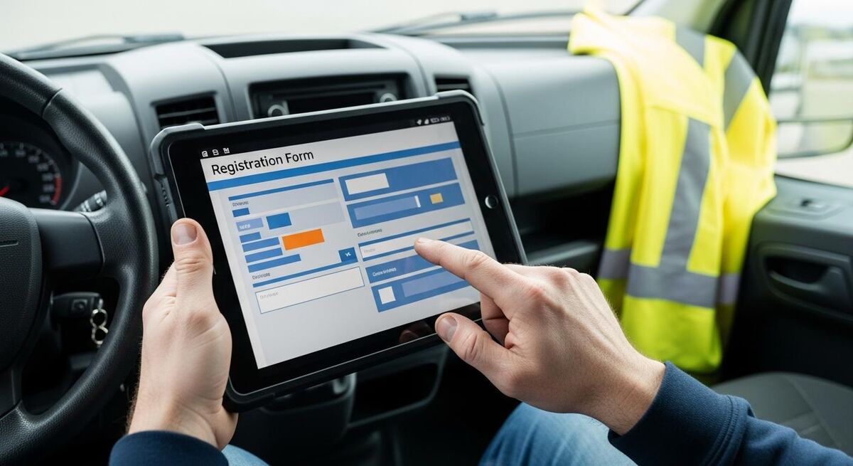Close-up of a tradesperson's hands on a tablet showing an Environment Agency-style registration screen with a van in the background