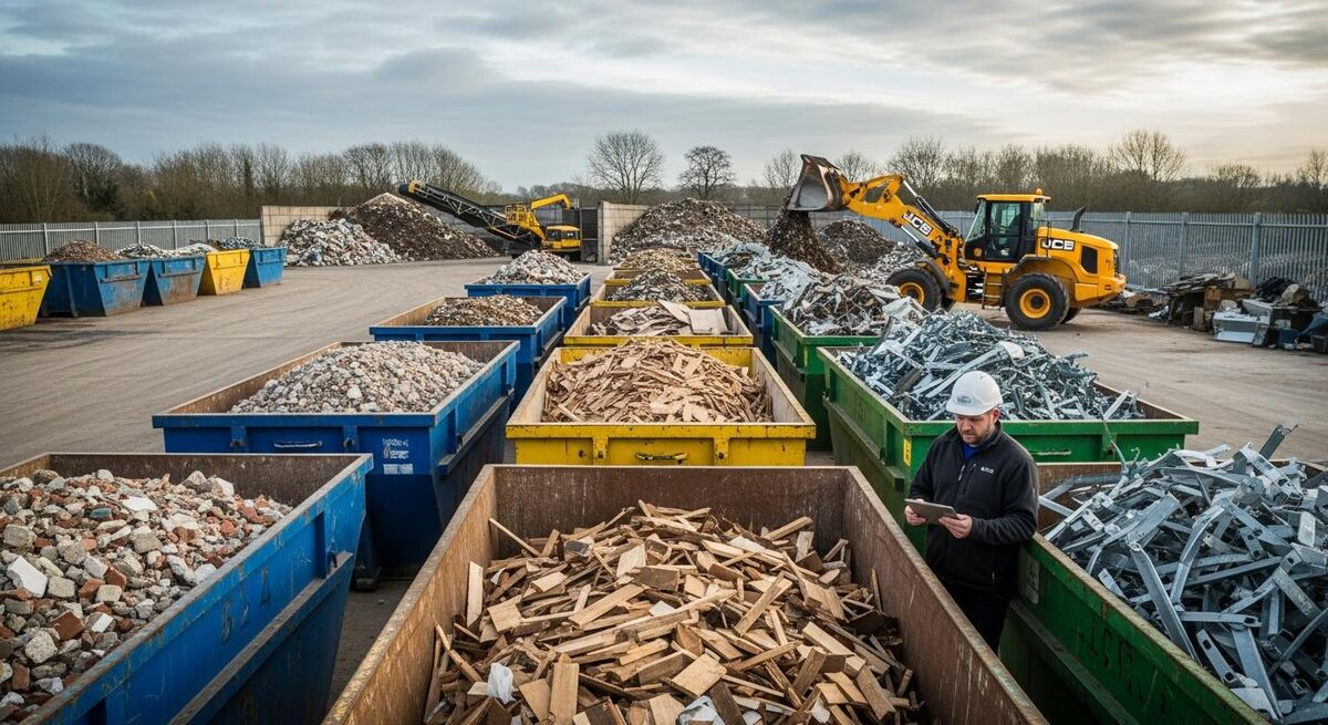 Site manager checking waste documentation on a tablet next to a row of labelled waste skips at a construction site