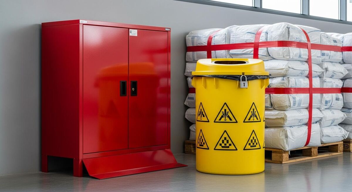 Labelled hazardous waste containers in a corner of a workshop with safety signage