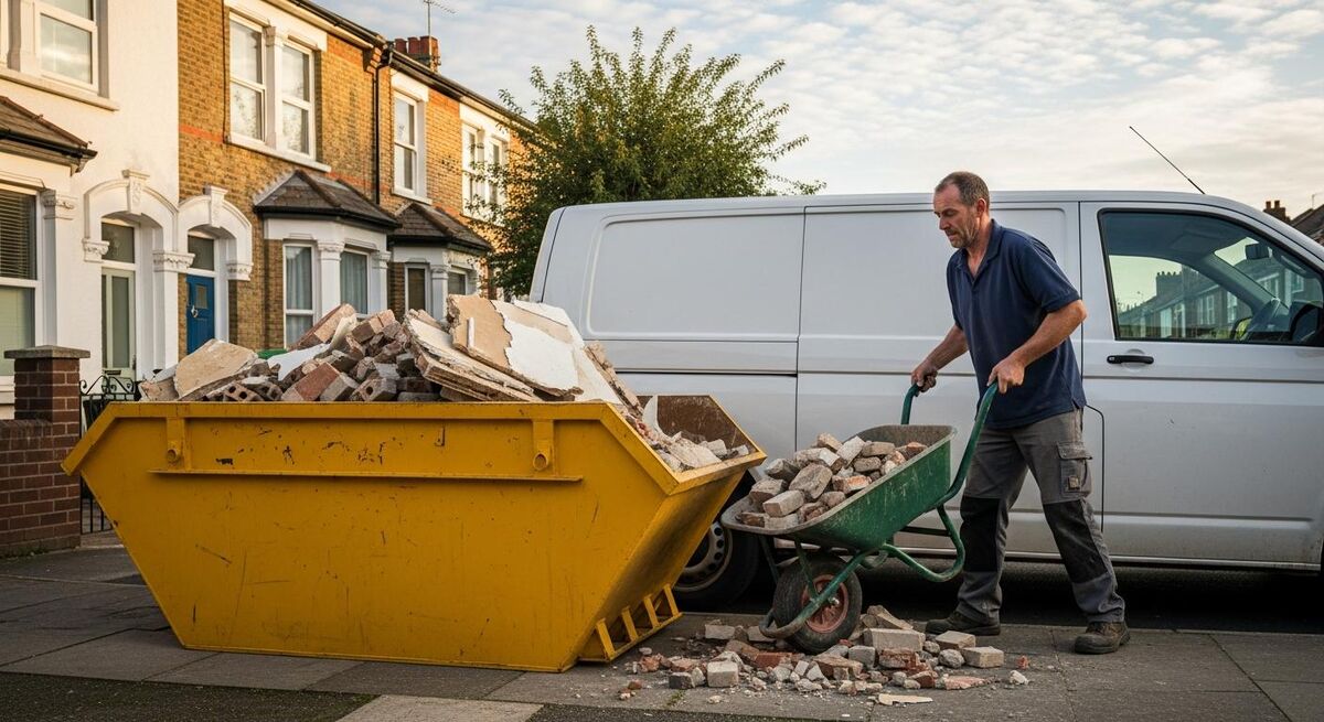 Builder loading rubble into a yellow skip on a residential street with a van behind it