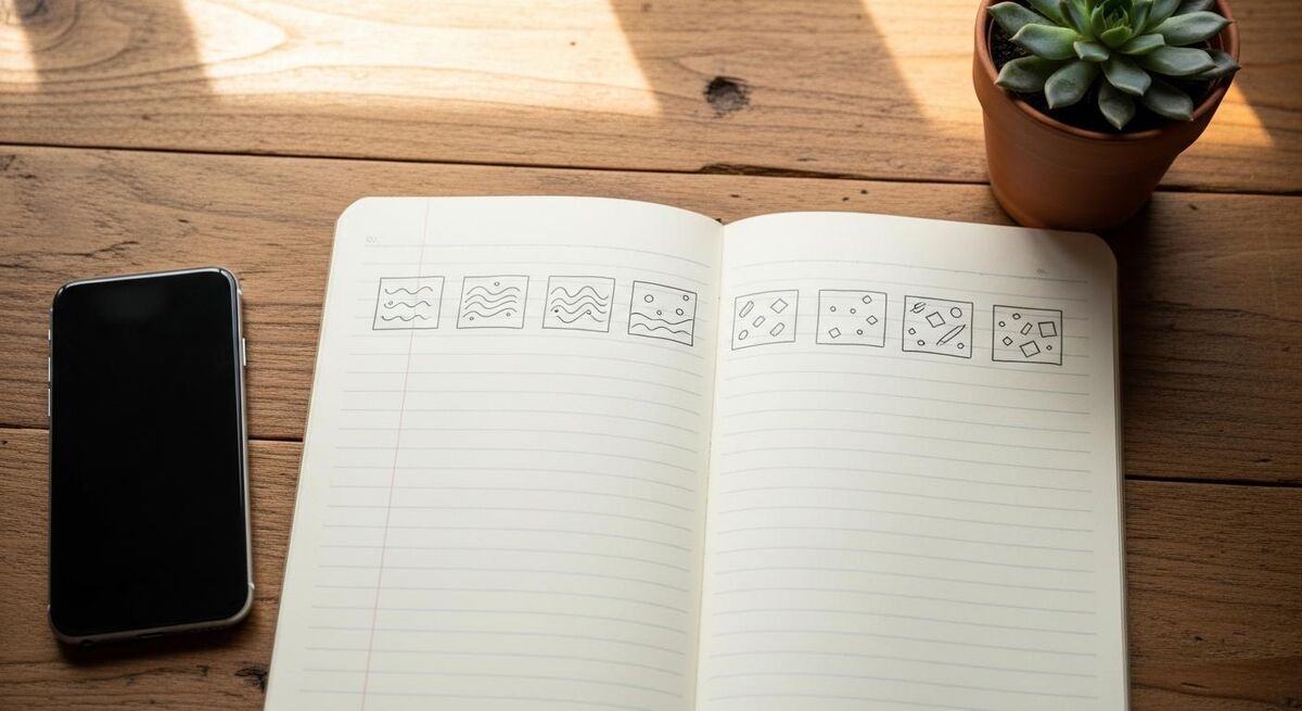 An open notebook on a desk with a weekly content schedule written out by hand next to a smartphone