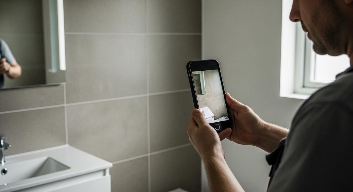 A plumber holding a smartphone in landscape orientation to film a short clip of a finished bathroom installation