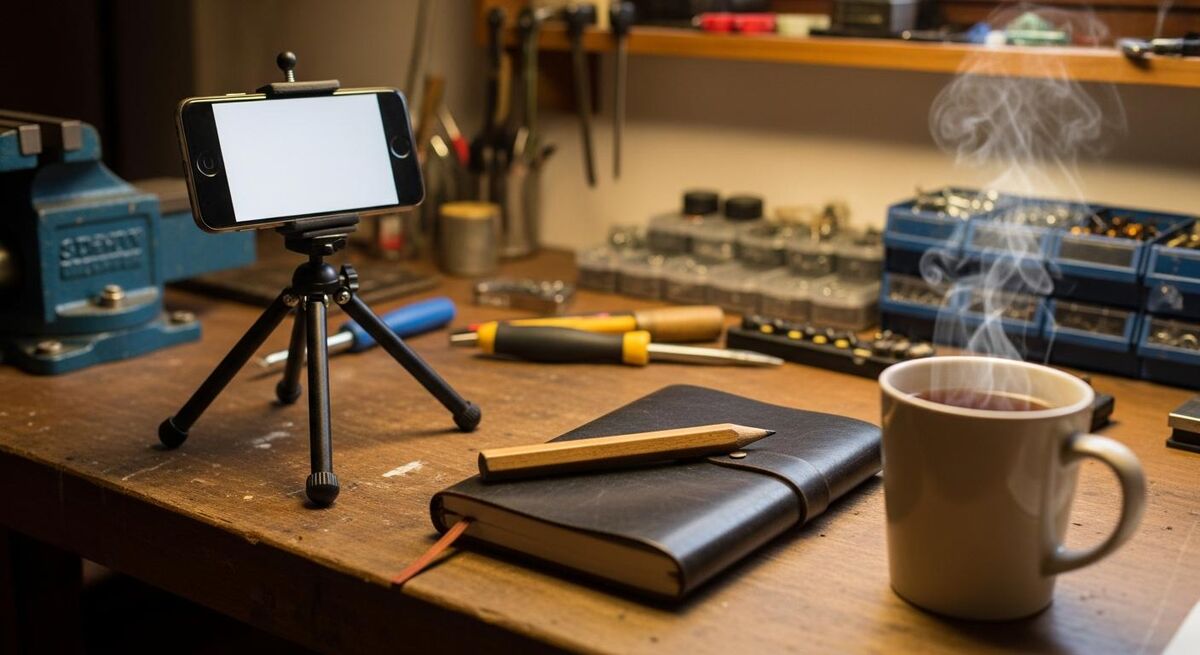 A workbench with a smartphone on a small tripod, a notepad, and a mug of tea, ready for filming and planning content