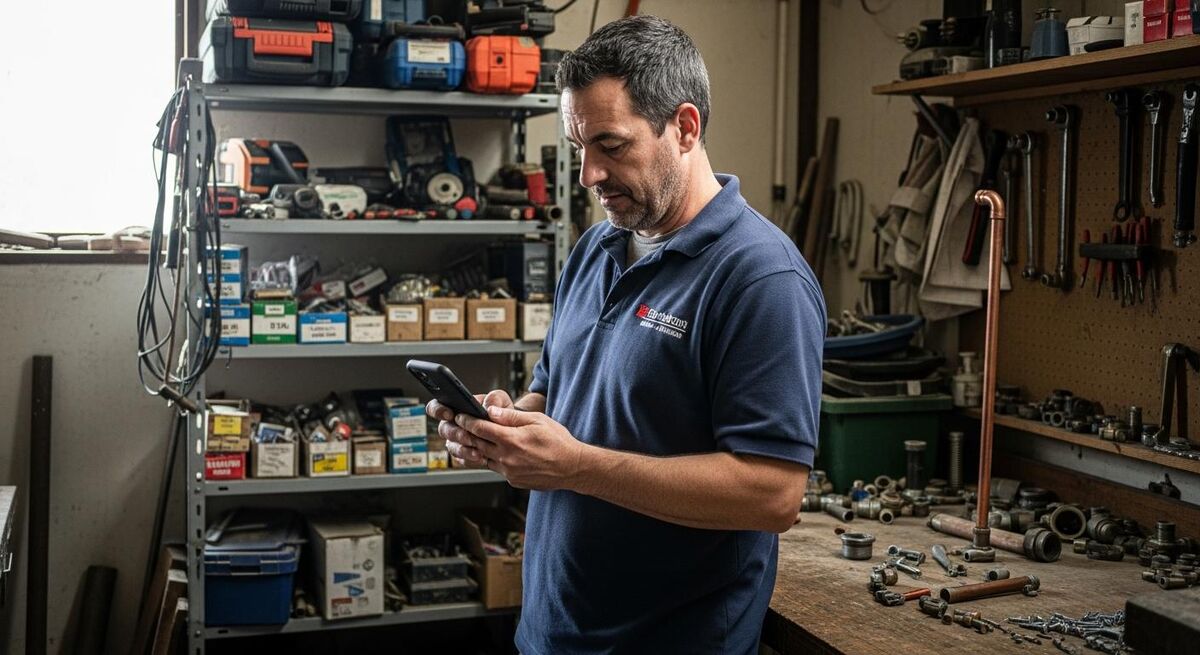 A business owner reading a notification on their phone in a workshop or office setting