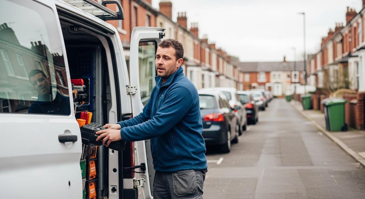 A tradesperson finishing a job at a domestic property and packing tools into a work van