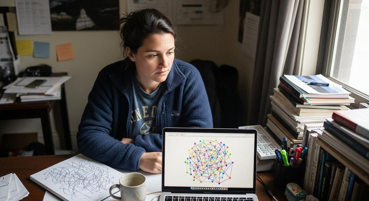 A small business owner reviewing data on a laptop in a workshop with notes scribbled on a notepad