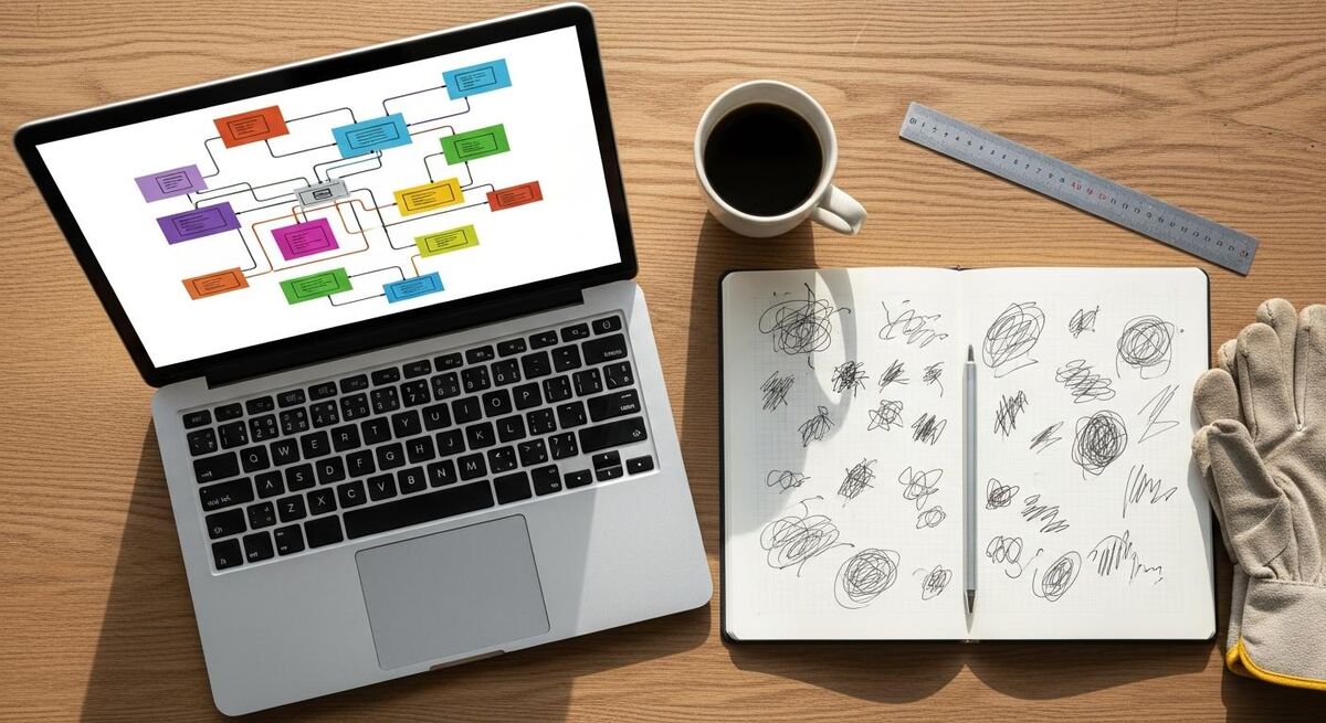 A laptop screen showing a visual automation workflow diagram with connected modules