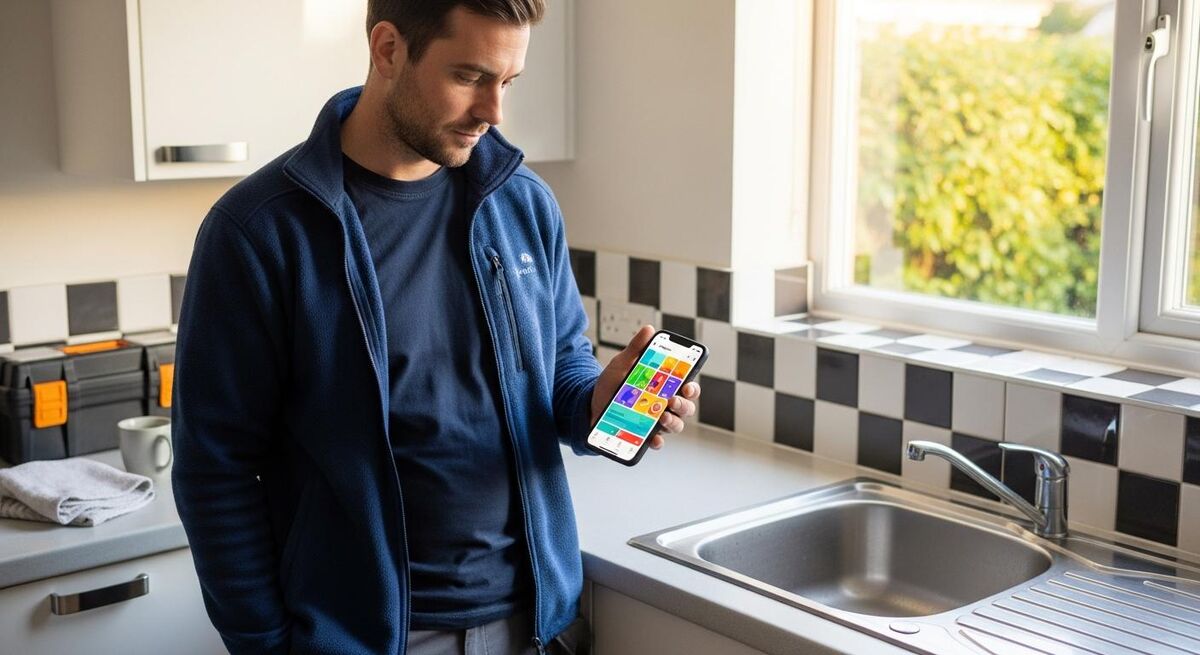 Engineer using a phone-based job management app inside a customer's kitchen