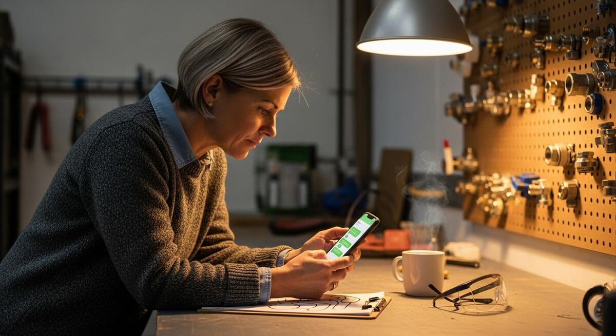 A trades business owner replying to a customer message on the WhatsApp Business app at a workbench