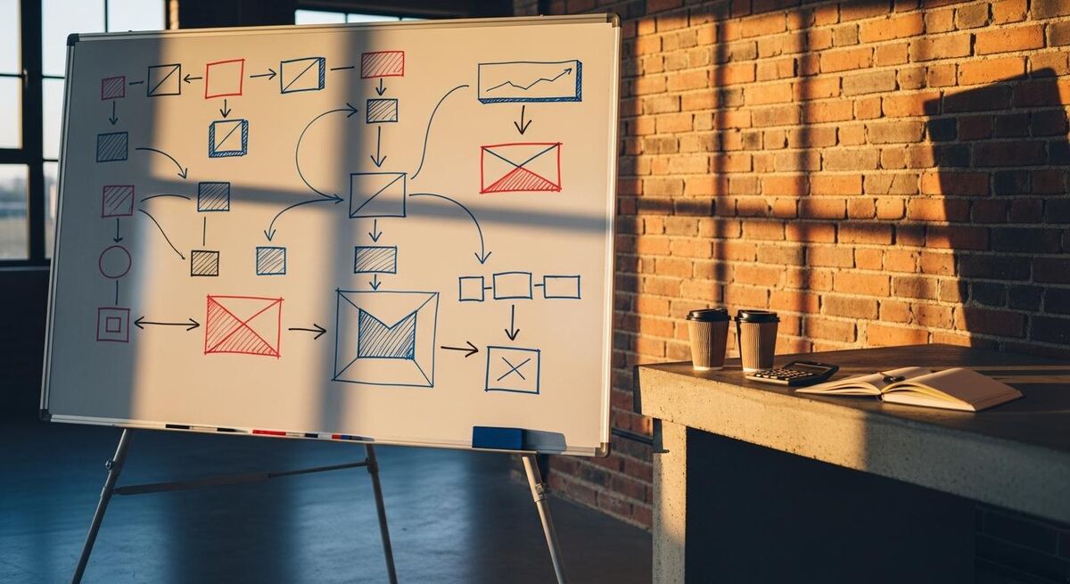 A workshop whiteboard with abstract financial planning marks and arrows beside coffee cups and a calculator