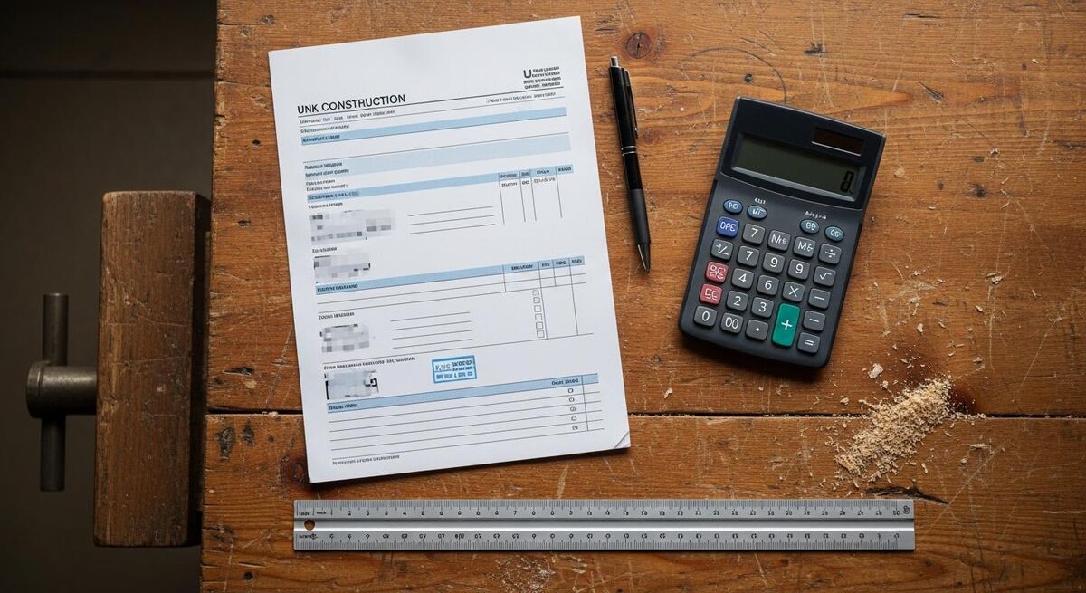 A construction invoice being completed on a workshop bench beside HMRC paperwork and a calculator