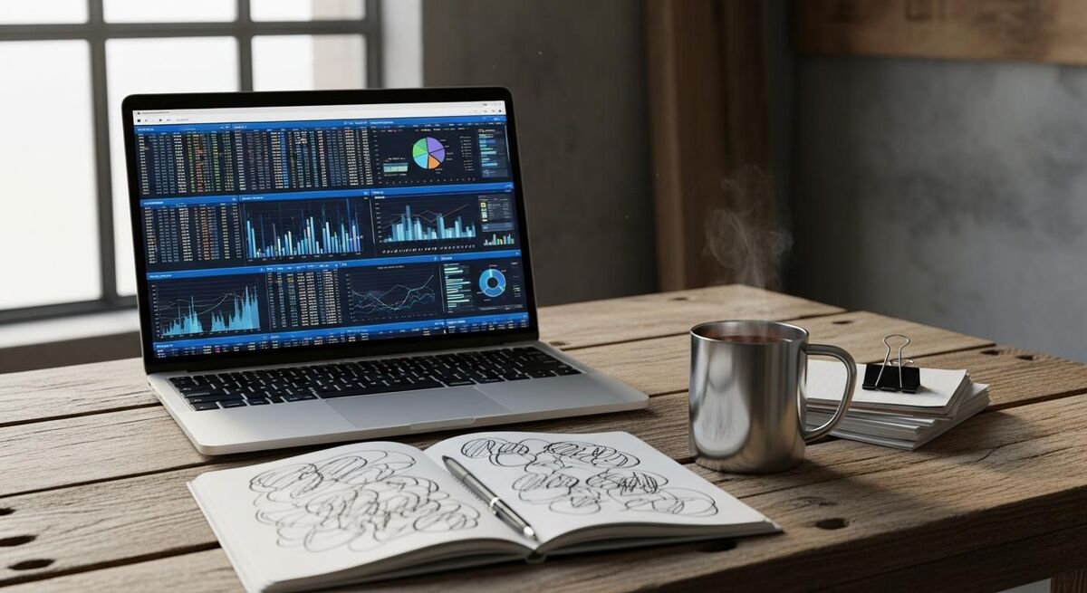 A laptop on a worktop showing accounting software dashboards with charts and abstract data beside an open notebook