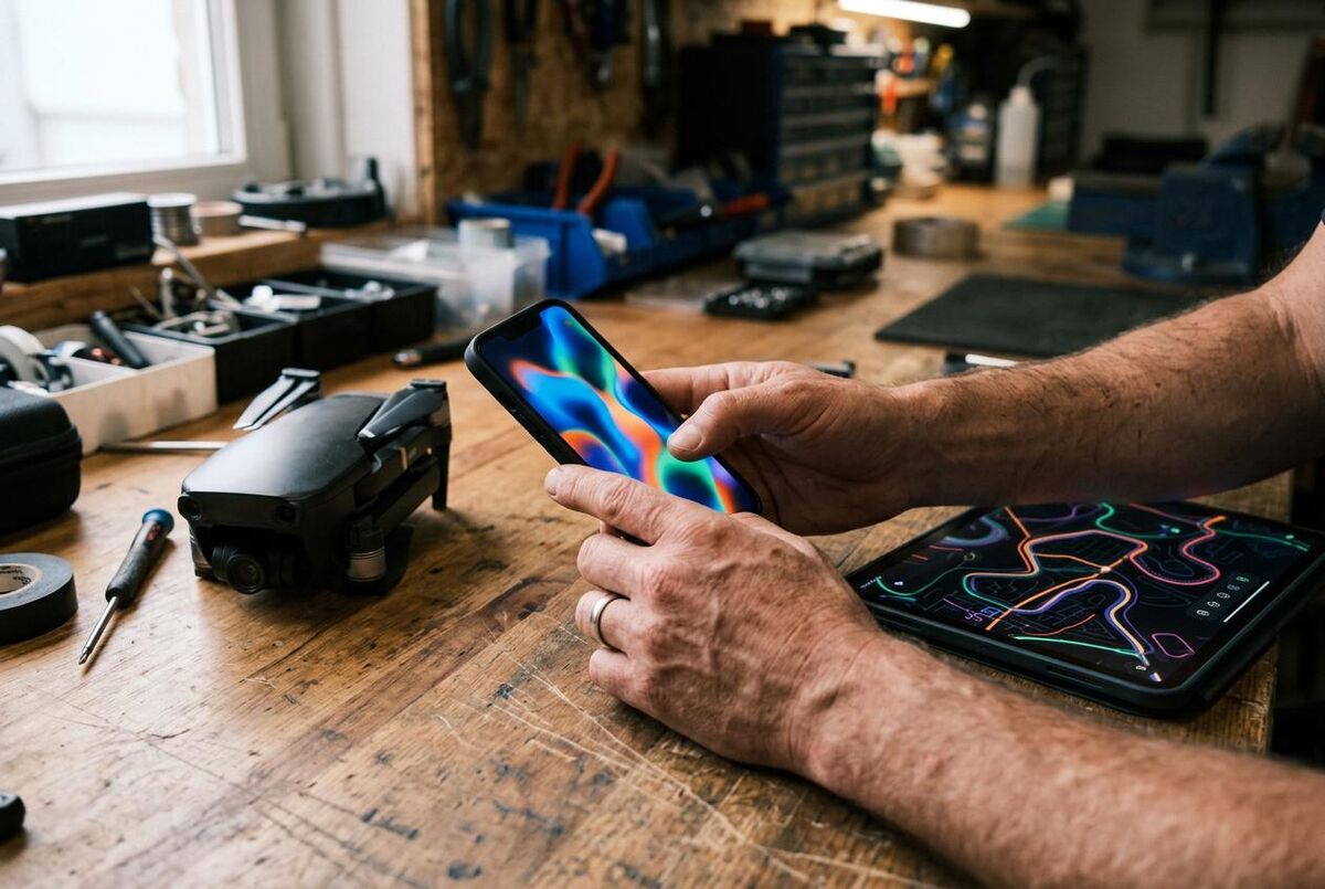Tradesperson's hands with smartphone and tablet reviewing drone mapping data in a workshop