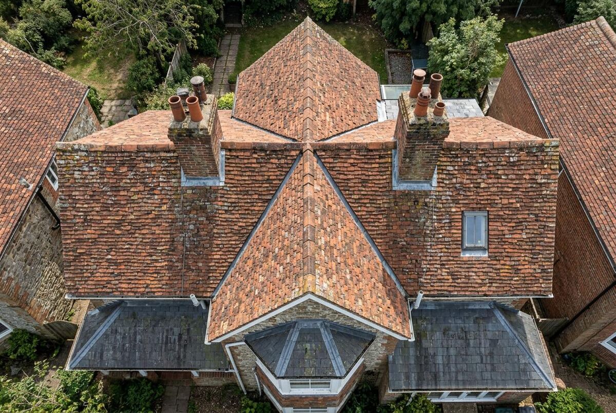 Aerial view looking down at a UK clay tile pitched roof with two chimney stacks, taken from drone height