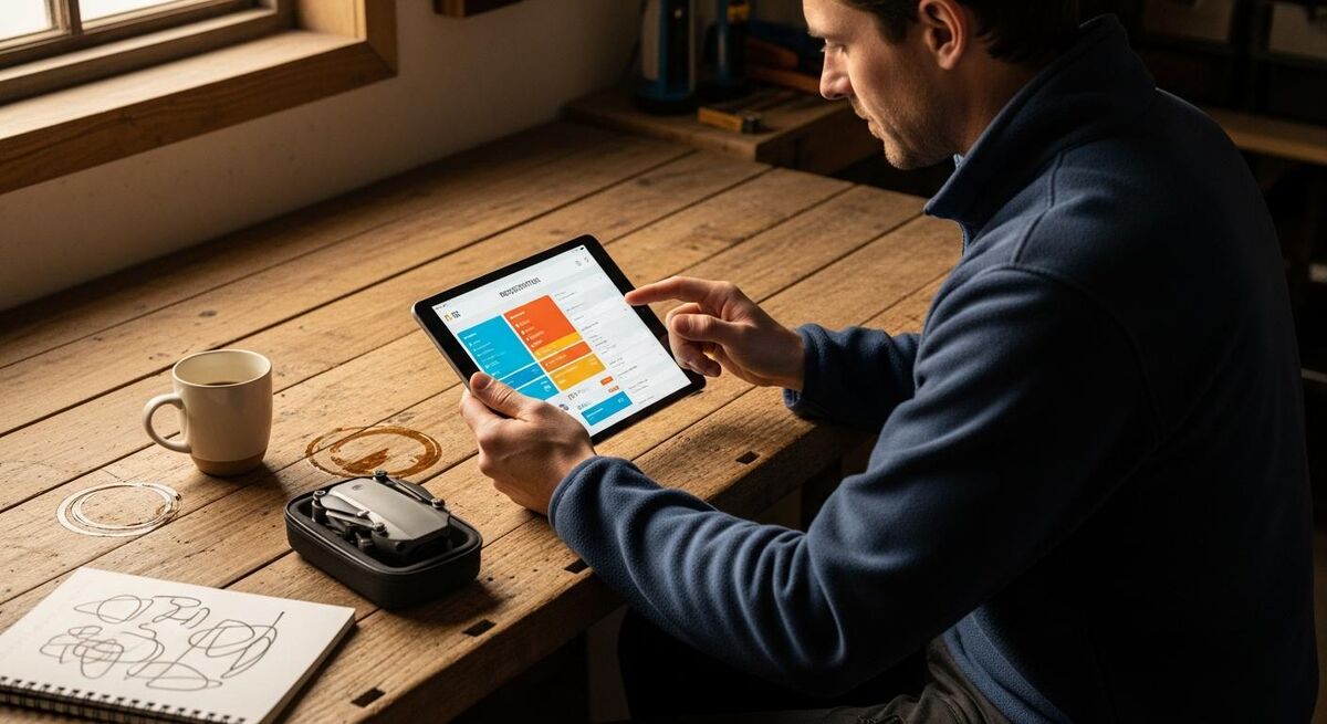 A tradesperson reviewing CAA drone registration documents on a tablet at a workbench