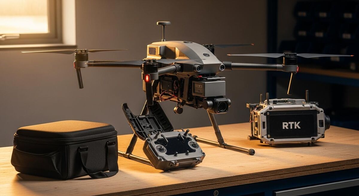 A DJI Mavic 3 Enterprise drone with RTK module attached on a workbench