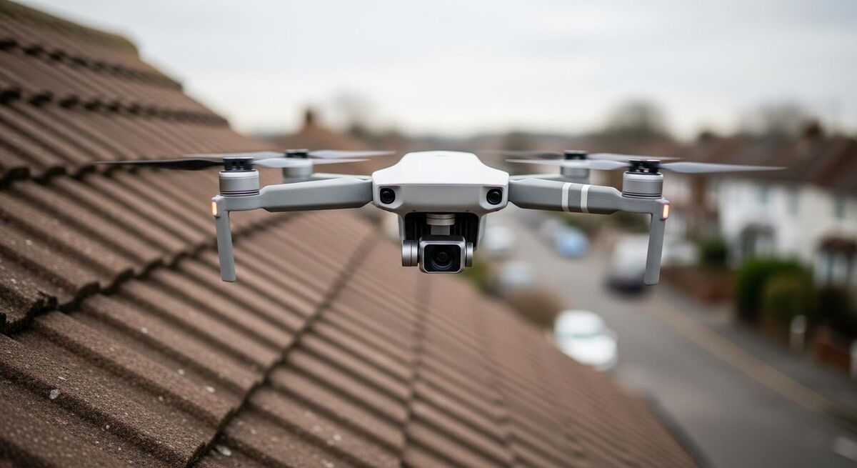 A DJI Mini 4 Pro drone hovering near a tiled roof eaves during a survey