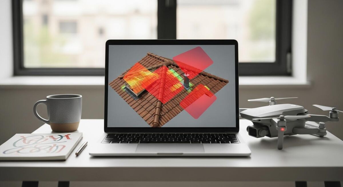 A laptop showing a 3D roof model with highlighted defect areas in a UK trades office