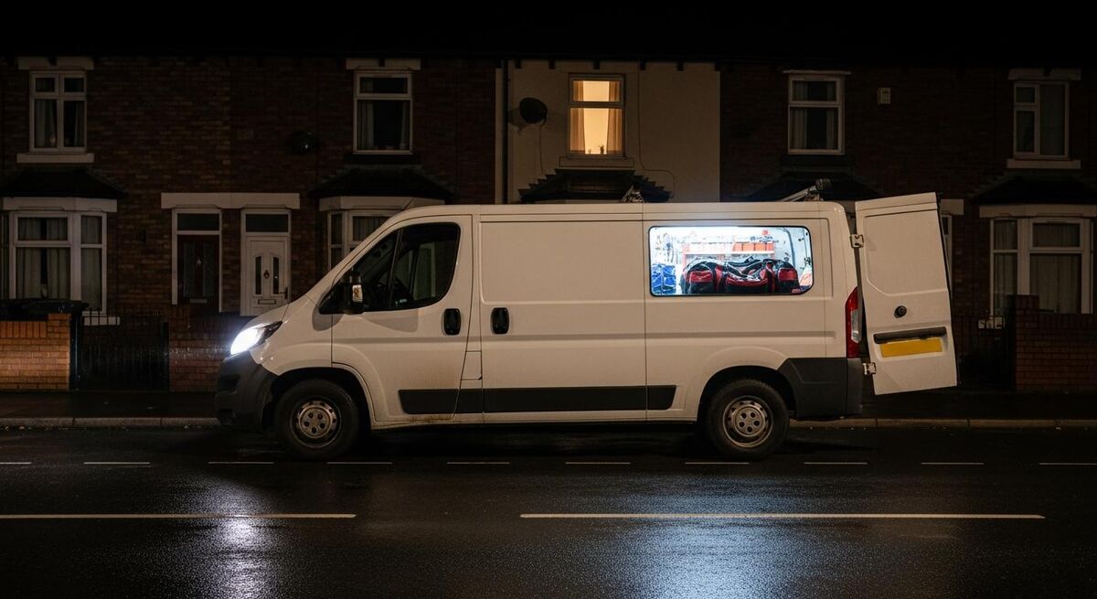 Plumber van parked outside a terraced house at night, headlights on, tool bag visible