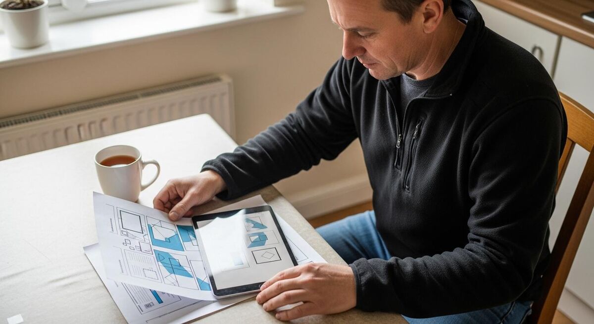 Trades business owner reviewing a rate card on a tablet at a kitchen table