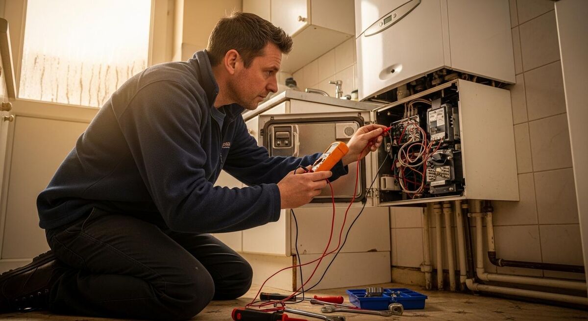 Heating engineer working on a domestic boiler during winter, warm light from a kitchen window
