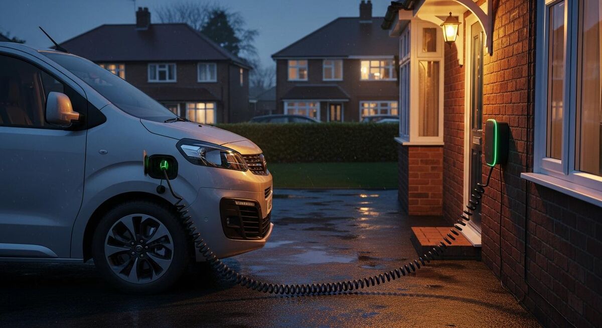 Van parked beside home wallbox charger overnight, soft amber porch light