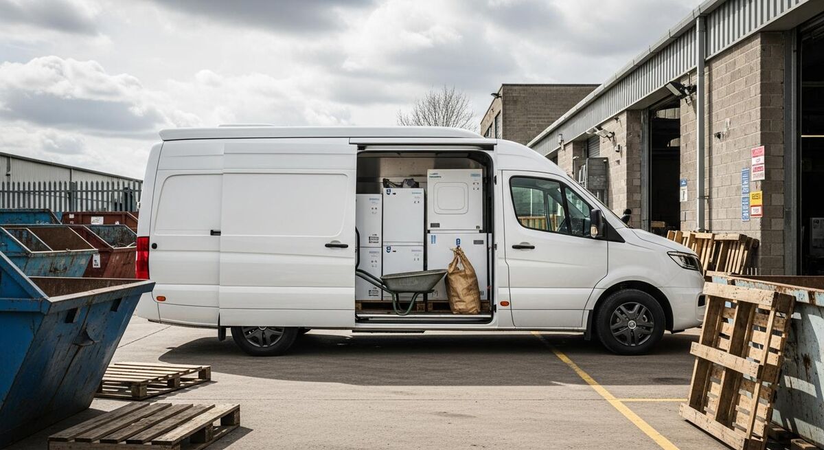 Large white Fiat E-Ducato panel van with side door open, loaded with appliance boxes