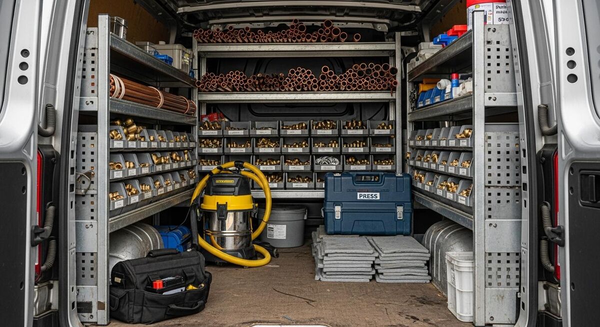 Open van back doors revealing organised racking, copper pipe and a vacuum drainer