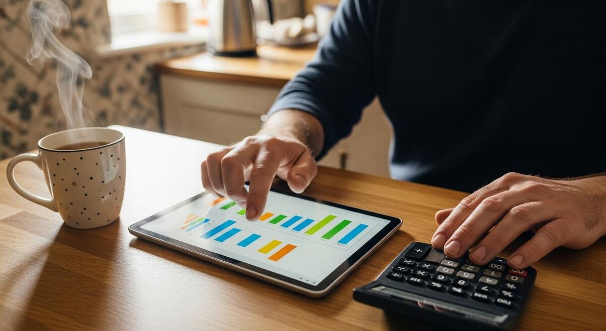 Tradesperson reviewing van running costs on a tablet at a kitchen table