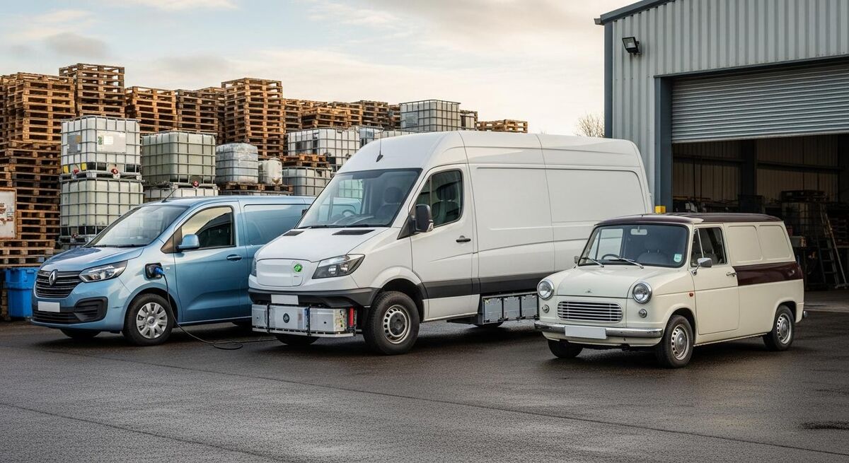 Three electric vans parked outside a UK trade depot at dawn