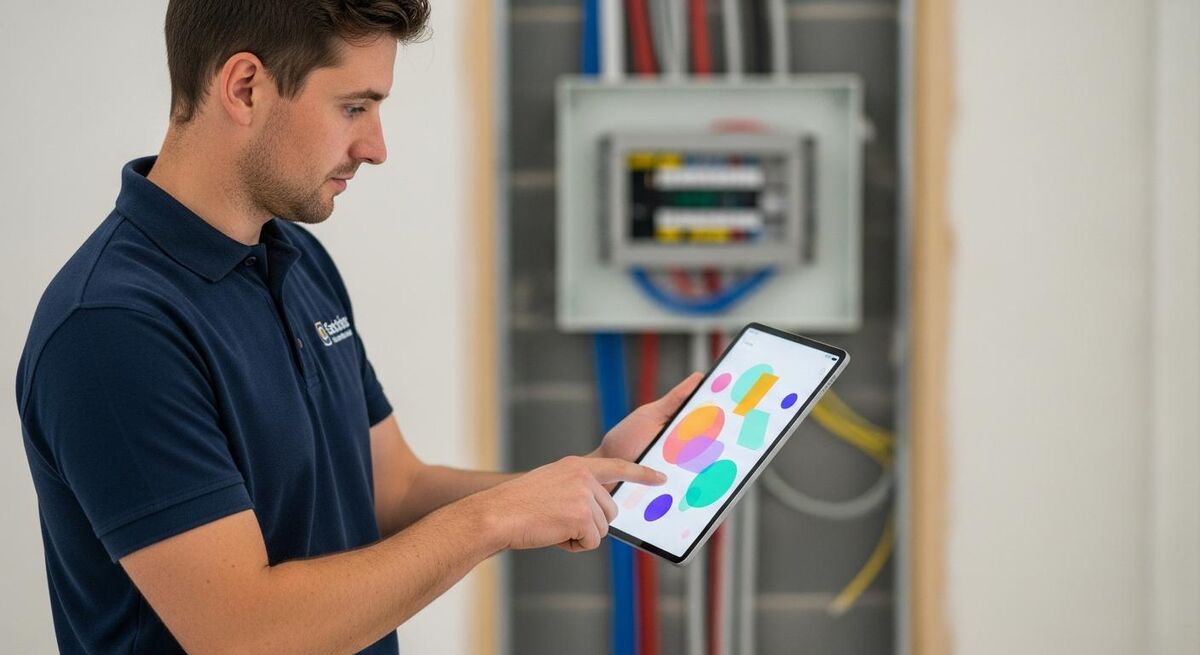 Electrician using a tablet to fill in digital certification paperwork on site