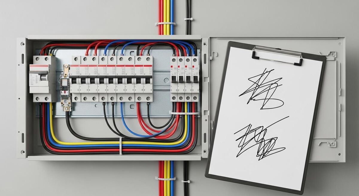 Overhead view of a modern consumer unit with circuit breakers and RCBOs during an EICR inspection