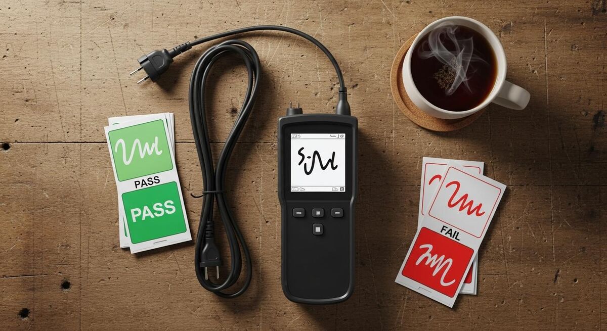 PAT testing equipment laid out including a portable appliance tester, test leads, and label printer