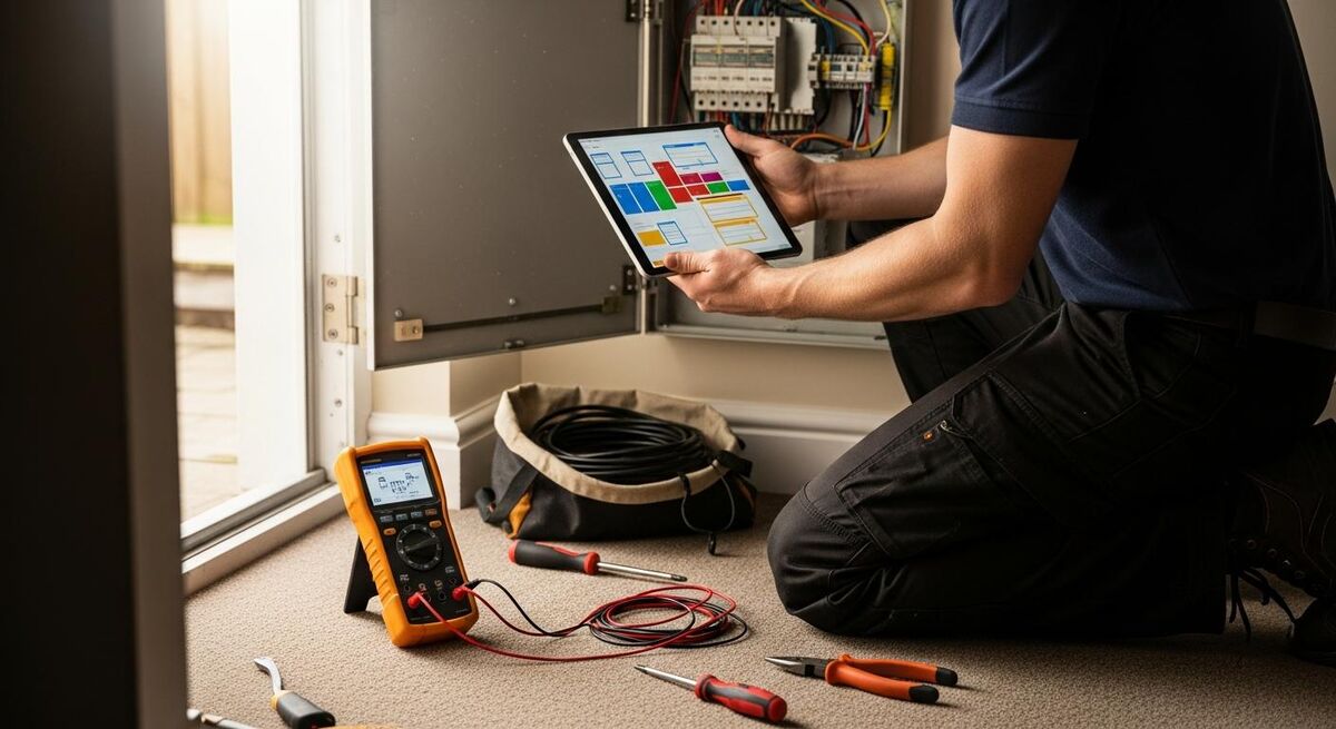 Electrician using a tablet to complete a certificate on site with a tester in view