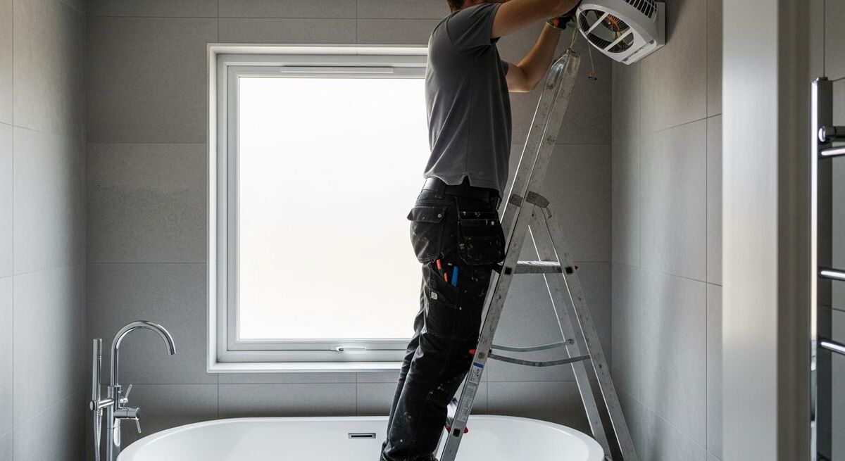Electrician fitting an extractor fan in a bathroom ceiling near the bath