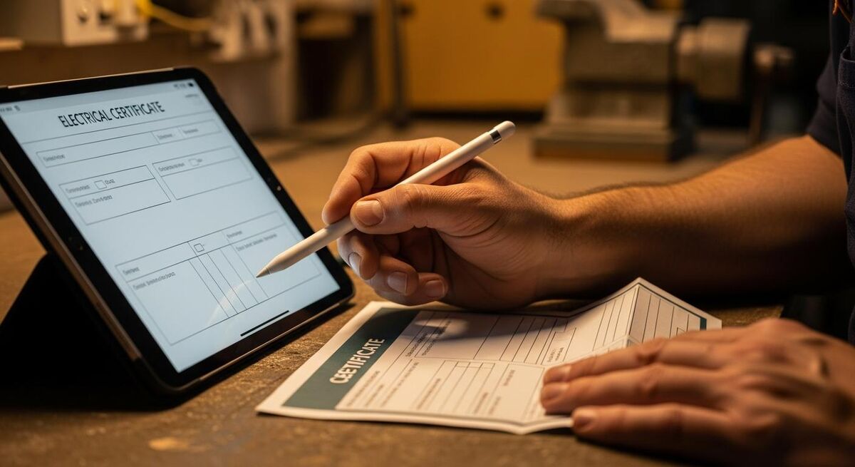 Electrical installation certificate being completed on a tablet with paperwork beside it