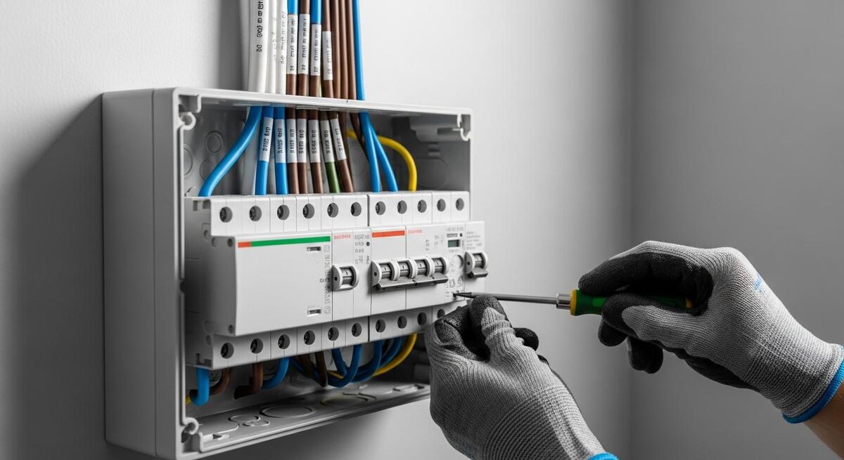 Electrician working on a modern domestic consumer unit installation