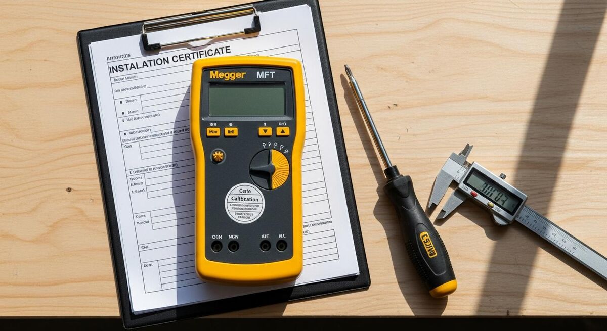 Calibrated multifunction tester and certification paperwork on a workshop bench