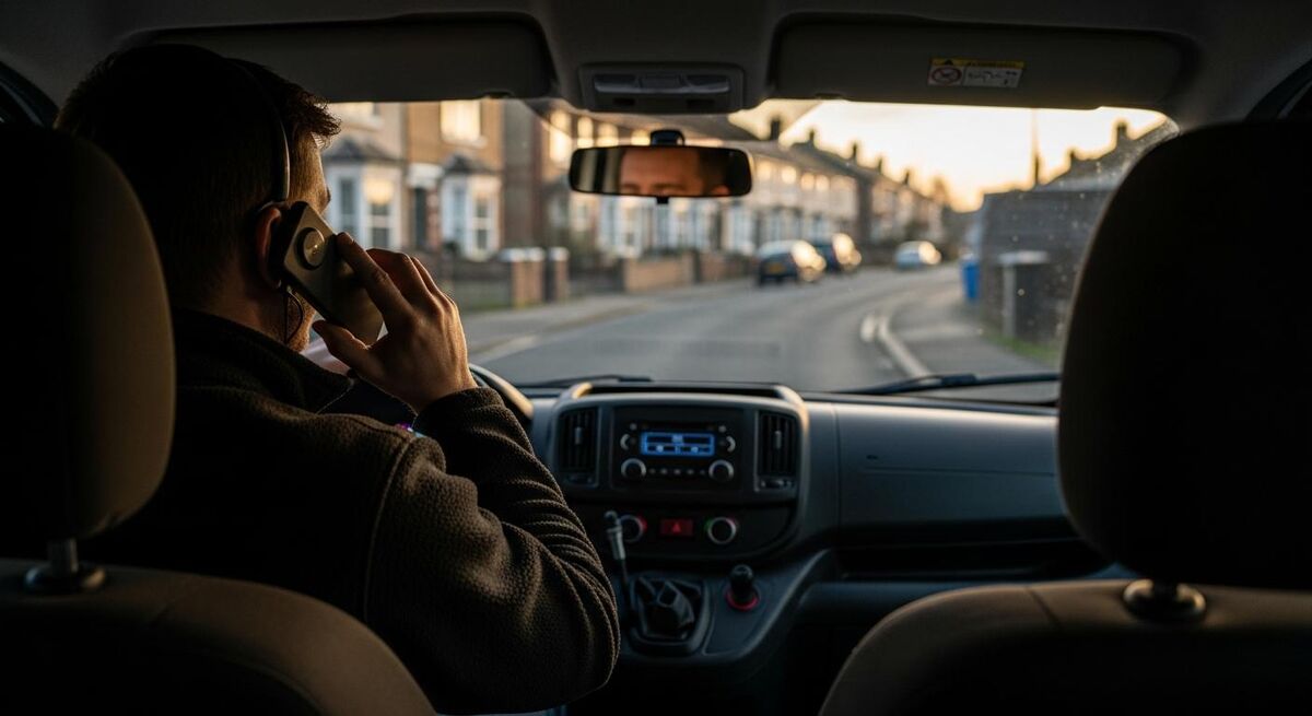Plumber answering an after-hours phone call from a van