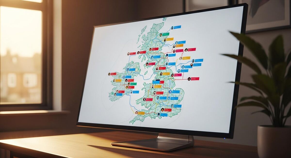 Dispatch board screen showing job priority routing with engineer locations on a UK map